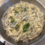 mushroom alfredo pasta in a pan